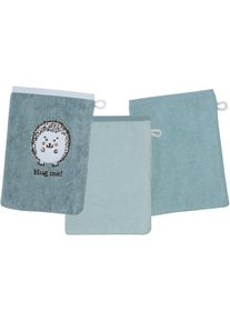 Wörner Wörner , Waschhandschuh »Igel blau Waschhandschuh 3er Set« 1x mit süßer Igelstickerei, 2x unifarben , blau,mint,eisblau , Obermaterial: 100%...