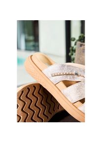 Rieker, Damen, Pantolette Sommerschuh, Schlappen, Hausschuh, Strandschuh mit Stretcheinsatz, hellbeige, 42, hellbeige, Pantolette mit edlem 