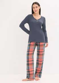 Pyjamas med ribbetopp og flanellbukse med glittergarn, blå, størrelse 44/46 (L), bonprix