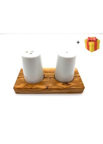 Olivenholz-Erleben Salz- / Pfefferstreuer »Salz- & Pfefferstreuer ALBERT auf Olivenholz-Sockel« Kombination aus langlebiger Keramik und edlem...