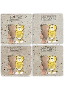 Luckylinde Getränkeuntersetzer »Der kleine Bär und der Tiger« Janosch Set Topfuntersetzer Naturstein Untersetzer 10x10x1cm in gelb