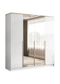 Lookway Kleiderschrrank Aurora 4D in Hochglanz Weiß mit Spiegel mit goldenen Griffen , Weiß Hochglanz, Goldfarben , Holzwerkstoff , Uni , 2 Schubladen , Rechteckig , 200x213x57 cm , Schlafzimmer, Kleiderschränke, Drehtürenschränke