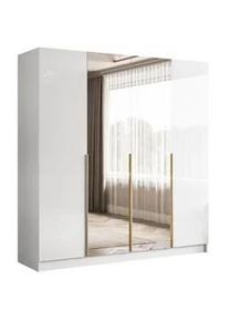 Lookway Kleiderschrank Aurel 4D in Weiß hochglanz mit Spiegel mit goldenen Griffen , Weiß Hochglanz, Goldfarben , Holzwerkstoff , Uni , 2 Schubladen , Rechteckig , 200x200x57 cm , Schlafzimmer, Kleiderschränke, Drehtürenschränke