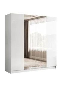 Lookway Kleiderschrank Aurel 4D in Weiß hochglanz mit Spiegel , Weiß Hochglanz, Weiß , Holzwerkstoff , Uni , 2 Schubladen , Rechteckig , 200x200x57 cm , Schlafzimmer, Kleiderschränke, Drehtürenschränke