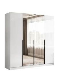 Lookway Kleiderschrank Aurel 4D in Weiß hochglanz mit Spiegel mit schwarzen Griffen , Weiß Hochglanz, Schwarz , Holzwerkstoff , Uni , 2 Schubladen , Rechteckig , 200x200x57 cm , Schlafzimmer, Kleiderschränke, Drehtürenschränke