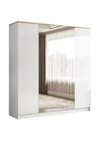 Lookway Kleiderschrrank Aurora 4D in Hochglanz Weiß mit Spiegel , Weiß Hochglanz , Holzwerkstoff , Uni , 2 Schubladen , Rechteckig , 200x213x57 cm , Schlafzimmer, Kleiderschränke, Drehtürenschränke