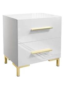Lookway Nachttisch Lina LUX mit Griffen und Beinen, Hochglanzplatte – Beinfarbe: Gold , Weiß , Holzwerkstoff , 45x50x38.5 cm , Schlafzimmer, Nachttische