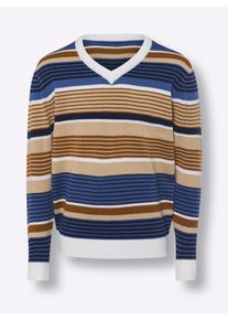 Heren Pullover met V-hals en streepjespatroon in beige/middenblauw gedessineerd ,maat 46, WITT, 100% Polyacryl