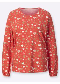 Dames Shirt met lange mouwen en hartdessin in terra/camel bedrukt ,maat 38, WITT, 100% Katoen