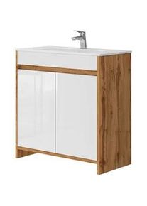 VICCO Waschtischkombi Lemgo Goldkraft Eiche 2 Teile , Honigeiche, Weiß Hochglanz , Holzwerkstoff , nicht einzeln stellbar,Rechteckig , 79.8x81.9x40 cm , Badezimmer, Badezimmerschränke, Waschtischkombinationen