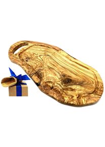 Olivenholz-Erleben Tranchierbrett »Steakbrett mit Saftrille und Grifflasche Olivenholz 45-49 cm« die Saftrille fängt Flüssigkeit gezielt auf in...