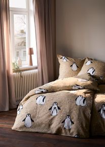 bonprix Lenjerie de pat cu pinguini, maro, 1x 80/80 cm, 1x 135/200 cm