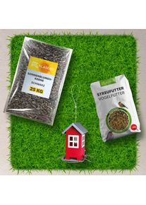 Vogelfutter Starter Set: Streufutter Wildv&ouml;gel 10 kg, Sonnenblumenkerne 25 kg, Futterhaus rot 1 Stk.