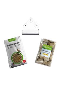 Vogelfutter Basis Set mit Futterhaus &ndash; Premium Streufutter 10 kg, Futterhaus f&uuml;r Fensterscheibe 1 Stk, Meisenkn&ouml;del ohne Netz 100 Stk