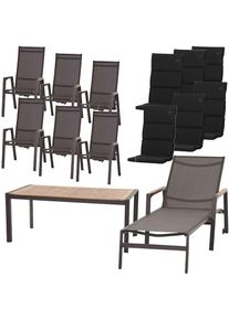 siena GARDEN , Garten-Essgruppe »Savona / Zurigo« Set, 14 Stk. tlg. best. aus 6 Sesseln, 1 Liege, 1 Tisch und 6 Auflagen , matt anthrazit, Holz +