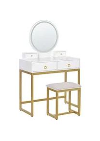 Beliani Schminktisch mit rundem LED-Spiegel Hocker 4 Schubladen weiß/gold Auxon , Weiß, Goldfarben, Beige , Holzwerkstoff , 80x132x40 cm , Schlafzimmer, Schminktische