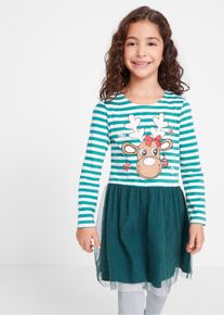 Weihnachtliches Mädchen Jerseykleid mit Tüll, petrol, Größe 92/98, mit Baumwolle, bonprix