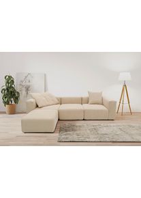 RAUM.ID Hoekbank Gerrid L-vorm Ribfluwelen bekleding, modulaire bank, bestaande uit hoek- en tussenelement + voetenbank/poef beige, hoekbanken, 301 cm