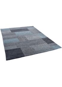 Theko Wollen kleed Dalas - 7709 zuivere wol, met de hand geknoopt, patchworkdesign wollen vloerkleden blauw