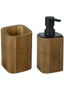Wenko Set badkameraccessoires Model Serro Zeepdispenser en tandenborstelhouder van stevig bamboe (2-delig) badkameraccessoires bruin