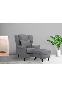 Home Affaire Fauteuil Ohrensessel CHISTELLE, optioneel met poef met golfondersteuning, afmetingen: b/d/h: 81/87/99 cm fauteuils maat Boucl&eacute; grijs