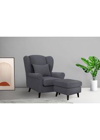 Home Affaire Fauteuil Ohrensessel CHISTELLE, optioneel met poef met golfondersteuning, afmetingen: b/d/h: 81/87/99 cm fauteuils maat Boucl&eacute; zwart