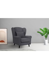 Home Affaire Fauteuil Ohrensessel CHISTELLE, optioneel met poef met golfondersteuning, afmetingen: b/d/h: 81/87/99 cm fauteuils maat Bouclé zwart