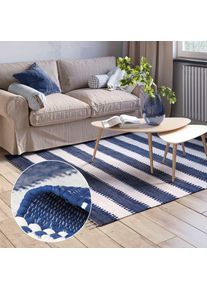 MyFlair Möbel & Accessoires Vloerkleed Karim Handgeweven tapijt, gestreept, 90% katoen, handgeweven, met franjes moderne vloerkleden maat - blauw