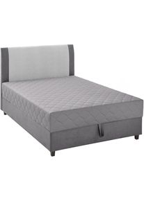 ATLANTIC HOME COLLECTION Boxspring Borgholm met pocketveringsmatras, bedkist en garnering in het hoofdbord boxsprings maat Structuurstof soft grijs