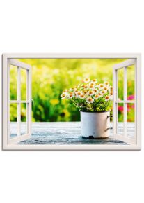Artland Artprint op linnen Blik uit het venster tuin met madeliefje foto schilderijen wit