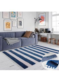 OTTO Vloerkleed Benja Handgeweven tapijt, gestreept, 90% katoen, handgeweven, met franjes moderne vloerkleden maat - blauw