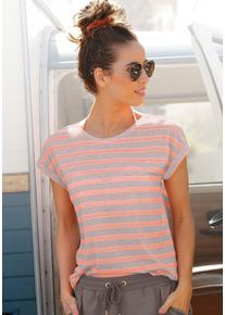 Vivance Shirt met korte mouwen met transparante neon inzetstukken, t-shirt, losse pasvorm, sportief dames t-shirts maat 32 beige