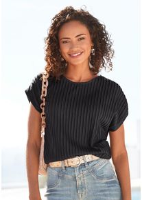 Lascana Shirt met korte mouwen met biesstructuur, kreukvrij t-shirt van moderne structuurstof dames t-shirts maat 32/34 zwart