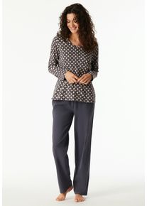 Schiesser Pyjama Comfort Essentials V-hals, katoen, lange mouwen (2-delig) dames nachtkleding maat 36 grijs