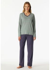 Schiesser Pyjama Casual Essentials Katoen, V-hals, lange mouwen (2-delig) dames nachtkleding maat 36 blauw