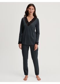 Calida Pyjama Deep Dreams gestippeld, kant, v-hals, temperatuurregulerend, lange mouwen (2-delig) dames nachtkleding maat L (48/50) zwart