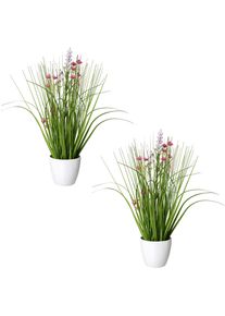Creativ green Kunstgras Bloemen-grasmix in witte kunststof houder kunstgrassen roze