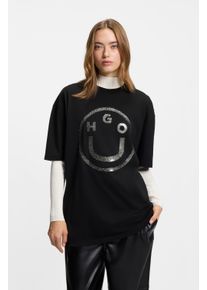 HUGO Blue Shirt met ronde hals OVERSIZED TEE Happy Hugo Print, unisex dames shirts met ronde hals maat L zwart