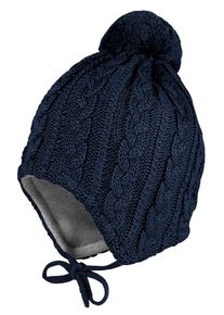 MaxiMo Gebreide muts met kabelbrei-patroon met pompon en bindband kinderen mutsen maat 49 blauw