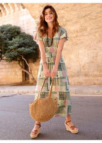 Damen Jerseykleid mit gesmoktem Taillenband hinten in altrosa-oliv-bedruckt ,Gr&ouml;&szlig;e 36, WITT, 95% Viskose, 5% Elasthan