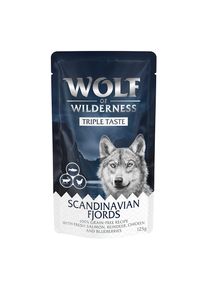 12x125 g Scandinavian Fjords lax, ren, kyckling Wolf of Wilderness v&aring;tfoder hund