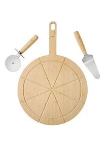Homeware Profession. Pizzaset , Naturfarben, Edelstahlfarben , Holz, Metall , 3-teilig , Bambus, Kautschukholz , vollmassiv , Lfgb , Geschirr, Teller, Pizzateller
