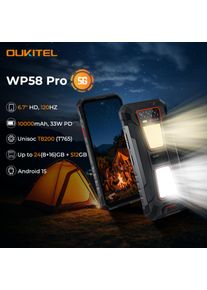 OUKITEL WP58 PRO 5G Rugged Smartphone 24GB(8+16) RAM + 512 ROM, Android 15 NFC 64MP Cellphone with Camping Lamp ,10000mAh 33W