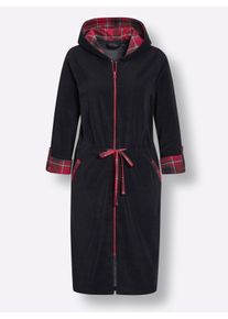 feel good Dames Badjas in zwart/rood geruit ,maat 36/38, Witt, 80% Katoen, 20% Polyester. Capuchonvoering: 100% Katoen