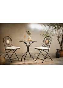 Ambia Garden Balkonset, Mehrfarbig, Schwarz, Wei&szlig;, Metall, Textil, Stein, 3-teilig, F&uuml;llung: Schaumstoff, Rundrohr, Flachrohr, 60x42x70 cm, Stuhl klappbar, Gartenm&ouml;bel, Gartengarnituren, Balkonm&ouml;bel-Sets