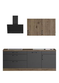 Wiho-Küchen wiho Küchen , Küchenzeile »Elba« wahlweise mit Hanseatic E-Geräten, Breite 220 cm , Küche: schwarz + Arbeitsplatte: Eiche Braun