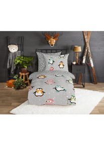 Good Morning , Kinderbettwäsche »Liammu« 2 Stk. tlg. Flanell Biber, 135x200, Warm, Reißverschluss, Wende, Kind, Pinguin , grau , Obermaterial: 100%...