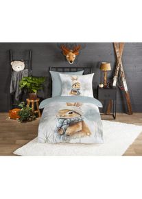 Good Morning , Kinderbettwäsche »Idun« 2 Stk. tlg. Flanell Biber, 135x200, Warm, Reißverschluss, Wende, Kind, Hase , grau , Obermaterial: 100%...