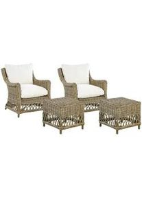 Beliani Gartensessel 2er-SET mit Hocker Rattan natürlich Auflagen cremeweiß Ribolla , Beige, Naturfarben, Weiß , Naturmaterialen , 66x78x70 cm , Gartenmöbel, Gartenstühle, Gartenstühle