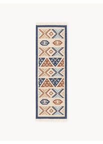 Ręcznie tkany chodnik kilim z wełny Anisa Beżowy, Niebieski Wełna S 80 x D 250 cm | Westwing Collection